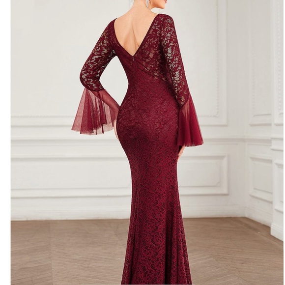 Lace Evening Dress in Burgandy with Tulle sleeve accents. - Picture 3 of 5